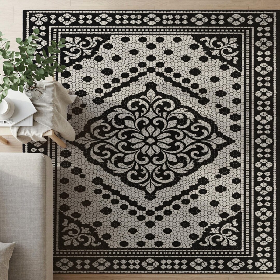 Victorian Tile Rug Victorian Tile Area Rugs | Black White Mosaic Medallion Carpet - Etsy