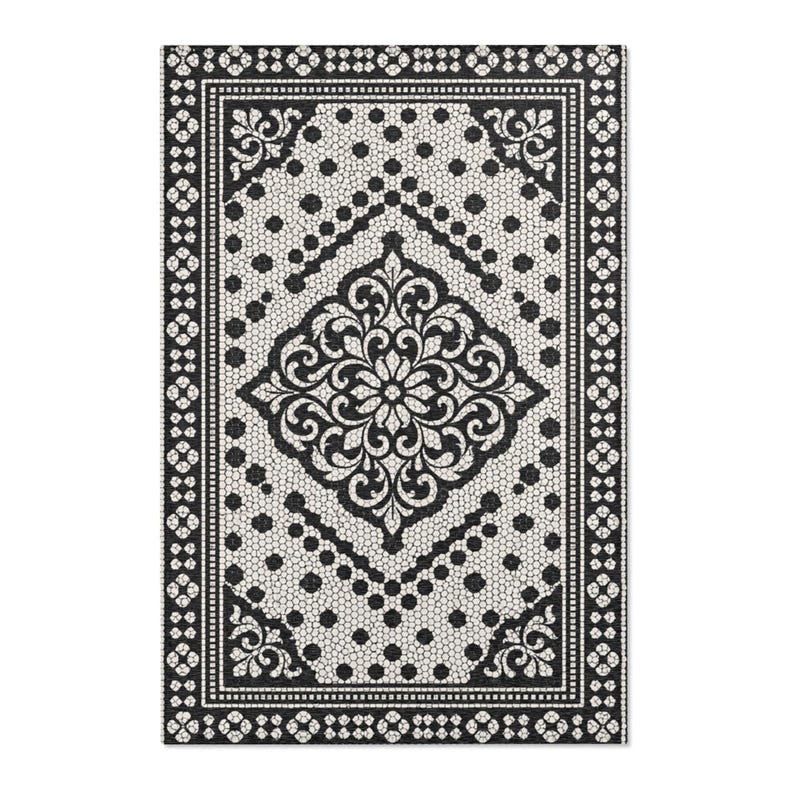 Victorian Tile Rug Victorian Tile Area Rugs | Black White Mosaic Medallion Carpet - Etsy
