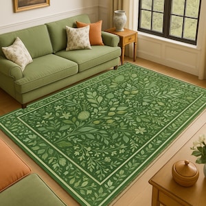 Green Botanical Area Rug: Washable Nature Leaf Carpet, Non-Slip