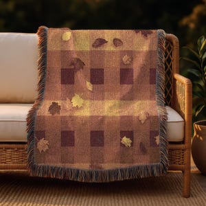 Autumn Plaid Woven Blanket: Rustic Fall Throw with Leaves Cozy Farmhouse Decor