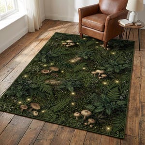 May include: A rectangular area rug featuring a forest scene with ferns, mushrooms, and glowing lights. The rug has a dark green background with detailed illustrations of various plants and fungi, creating a whimsical, natural aesthetic.