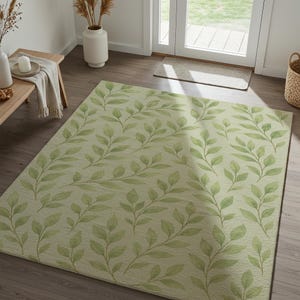 Green Botanical Leaf Area Rug | Minimalist Nature Inspired Carpet | Washable Modern Living Room & Bedroom Floor Mat