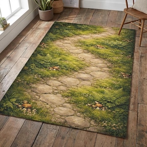 Forest Path Area Rug | Woodland Stone Trail Nature Carpet | Cottage Fairy Garden Decor