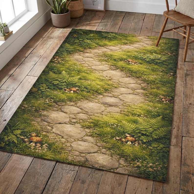 Stone Path Rug Forest Path Area Rug | Woodland Stone Trail Nature Carpet | Cottage ...