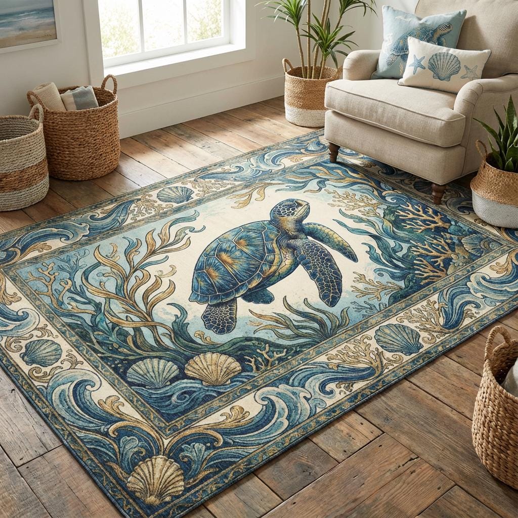Sea Turtle Area Rug With Ornate Ocean Frame Coastal Nautical Nature ...