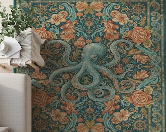 May include: Teal area rug featuring a central illustration of a light blue octopus surrounded by floral and nautical elements. The rug has a detailed border and a vintage aesthetic, with orange and teal tones.