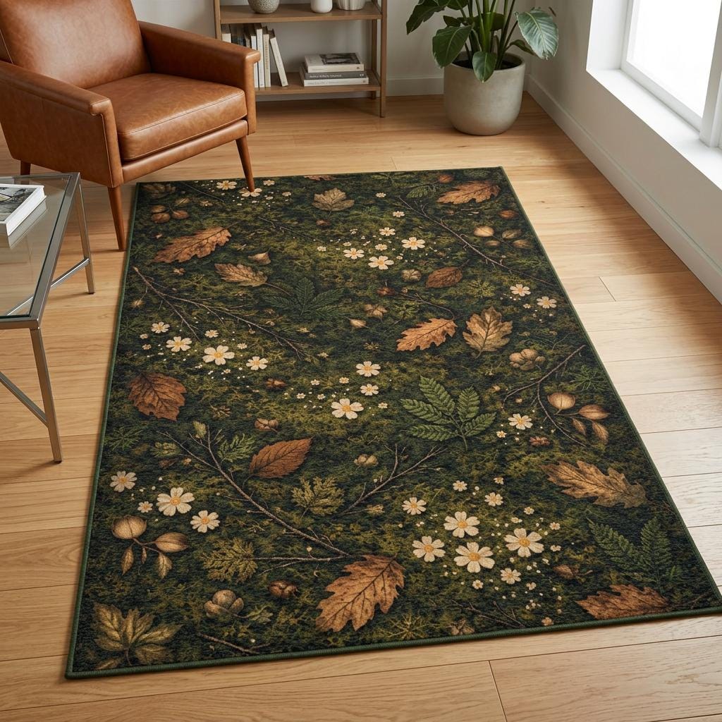 Forest Floor Area Rug | Moss Botanical Woodland Rug With Leaves Flowers ...