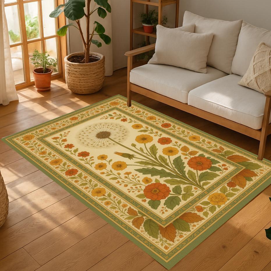 Dandelion Area Rug: Rustic Botanical Floral Carpet for Cozy Cottage Home
