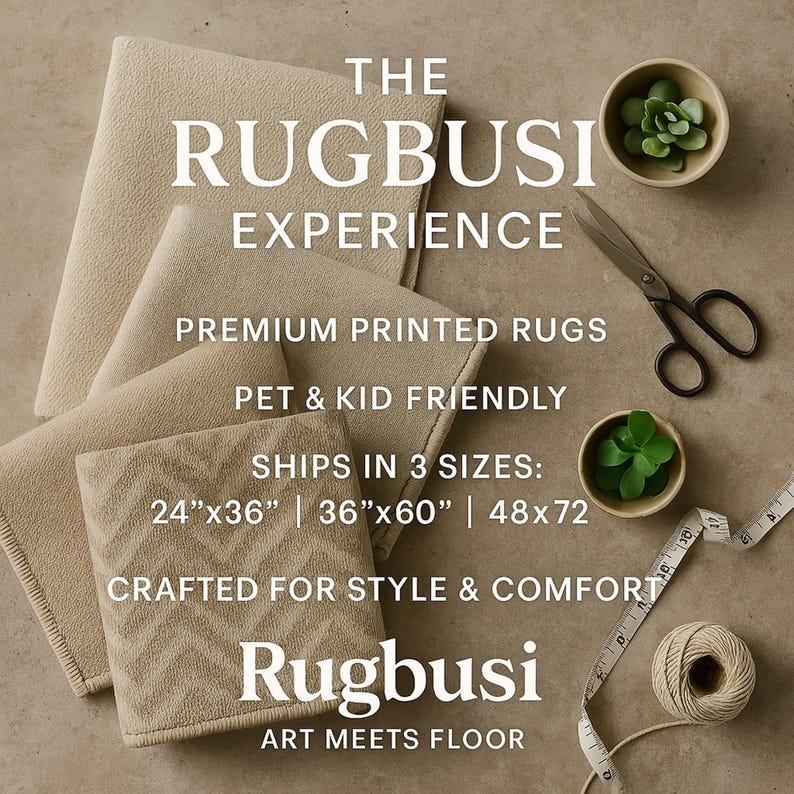 May include: Beige printed rugs with the text "The Rugbusi Experience". The image shows three rugs in different sizes, with the dimensions 24"x36", 36"x60", and 48"x72". The rugs are pet and kid friendly.