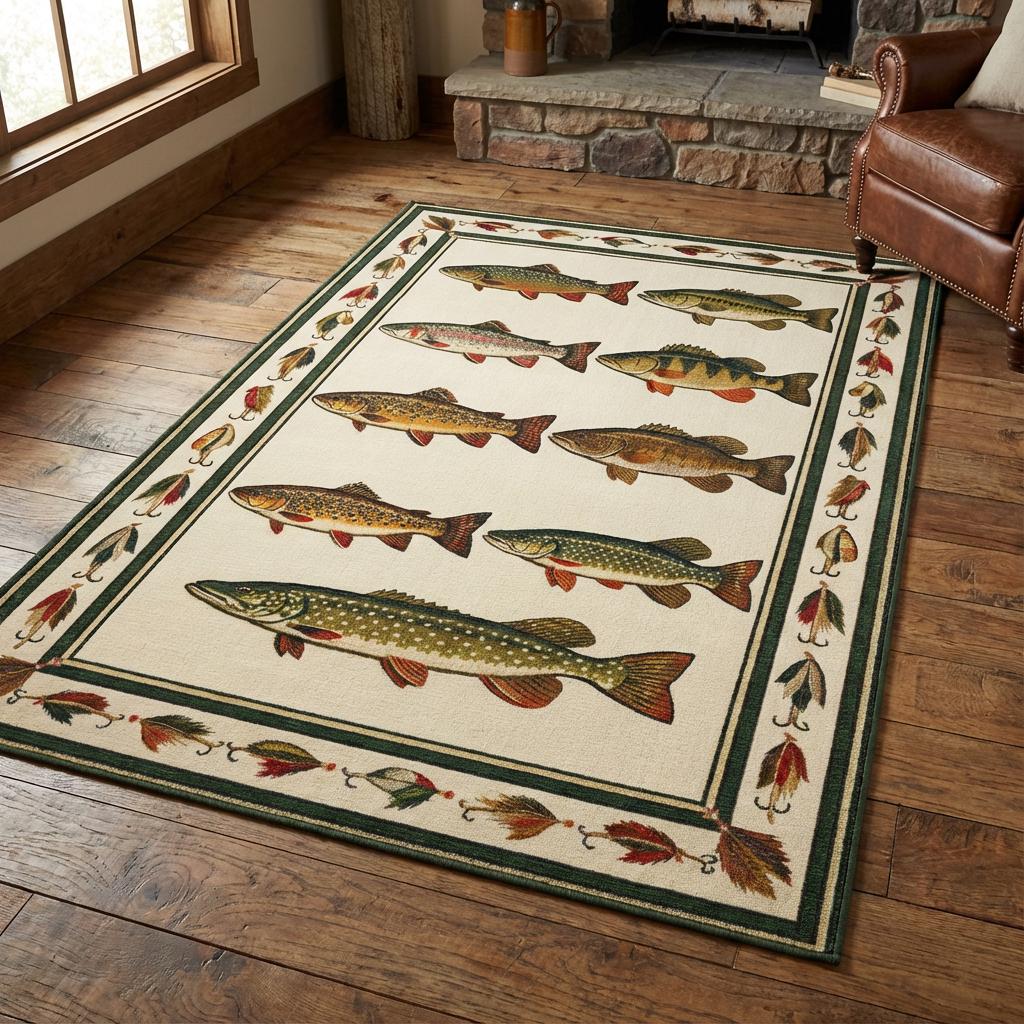 Outdoor Fish Rug Patterns Fish Area Rug | Rustic Lake House Cabin Decor - Etsy