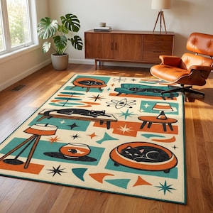 May include: A mid-century modern style area rug featuring a cream background with teal, orange, and black cat-themed illustrations. The rug depicts cats lounging on furniture, with atomic starburst and geometric shapes.