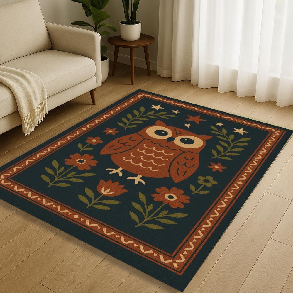Owl Area Rug: Whimsical Animal Print Polyester Carpet
