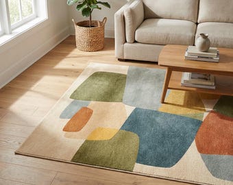 Abstract Geometric Earth Tone Area Rug | Mid Century Boho Floor Rug