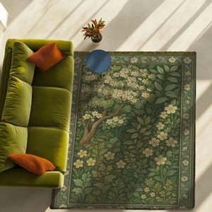 Botanical Area Rug – Faux Embroidery Floral Rug – Green Accent Rug for Bedroom, Living Room or Boho Home