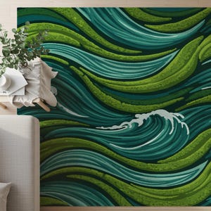 Abstract Ocean Wave Area Rug: Teal Green Washable Coastal Decor