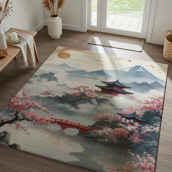 Japanese Zen Rug | Sakura Blossom, Mountain Landscape