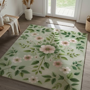 Green Botanical Floral Area Rug, Soft Cottagecore Carpet, Blush Flower Floor Mat for Bedroom or Entryway, Nature-Inspired Home Decor