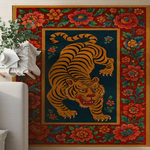 Tibetan Tiger Rug, Indigo Blue Floral Carpet, Boho Statement Piece