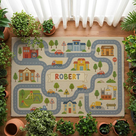Personalized Kids Road Rug, Custom City Play Mat, Nursery Town Carpet
