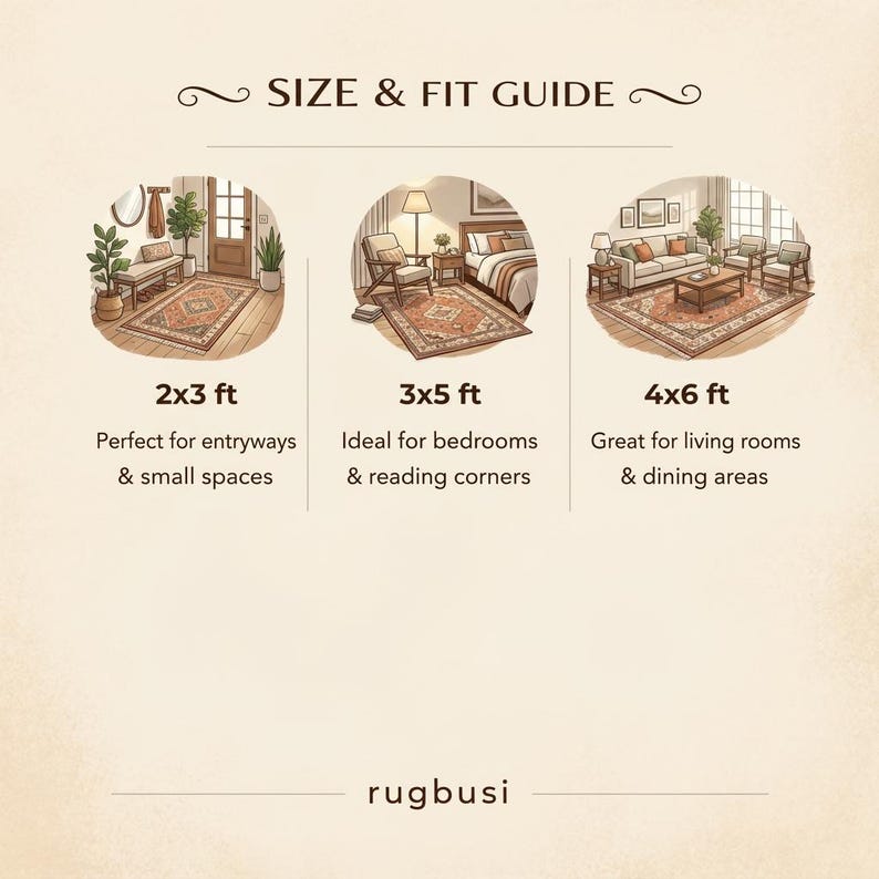 May include: Size and fit guide for rugs, featuring illustrations of rooms with rugs sized 2x3 ft, 3x5 ft, and 4x6 ft. The text indicates suitable spaces: entryways, bedrooms, reading corners, living rooms, and dining areas. The brand name "rugbusi" is at the bottom.