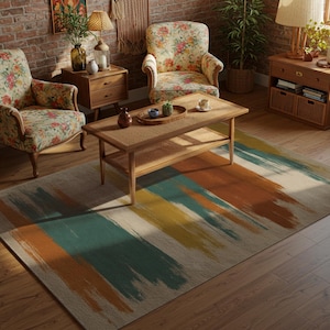 Washable Boho Area Rug: Teal Rust Brushstroke, Non-Slip