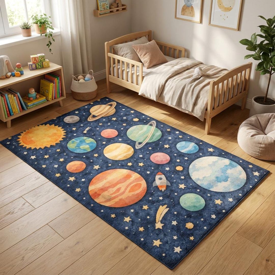 Solar System Rug Rectangle Solar System Area Rug | Space Nursery Rug With Planets for Kids Room ...