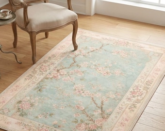 Soft Pink Floral Blossom Area Rug, Cottage Style Carpet, Romantic Living Room Home Decor