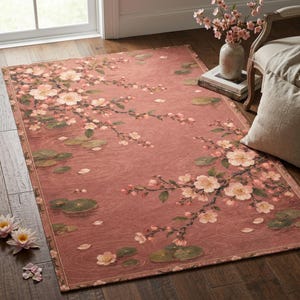Puede incluir: Una alfombra rectangular con un fondo rosa polvoriento y un patrón de ramas de cerezo en flor, pétalos dispersos y hojas de nenúfar verdes. El diseño incluye sutiles líneas circulares concéntricas en la superficie.