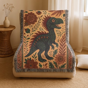 Dinosaur Woven Cotton Blanket: Boho Nursery Decor, Kids Throw