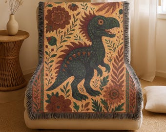 Dinosaur Woven Cotton Blanket: Boho Nursery Decor, Kids Throw
