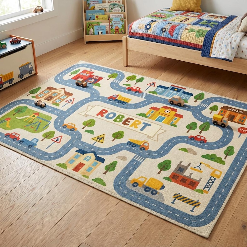 Personalized Kids Road Rug, Custom City Play Mat, Nursery Town Carpet ...