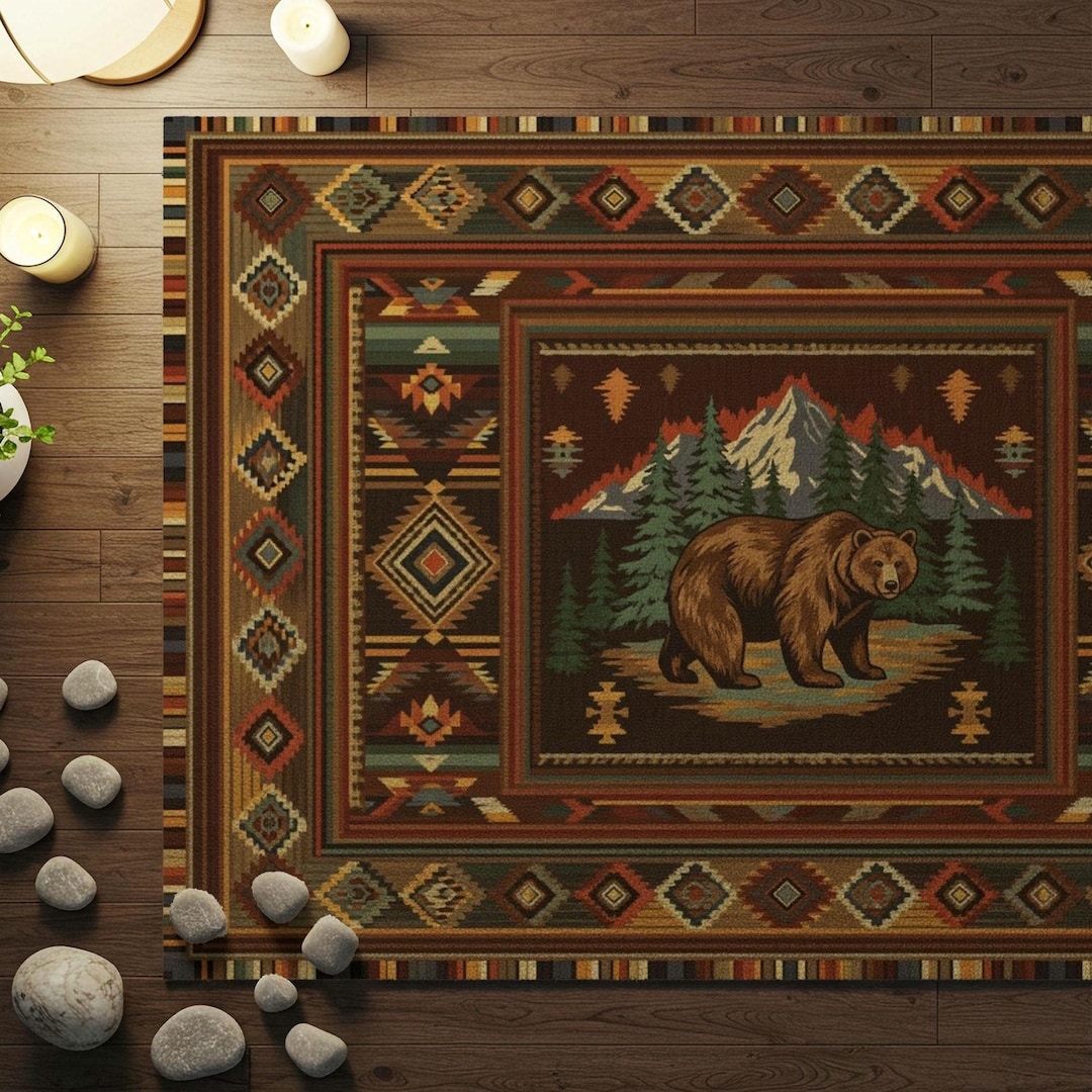 Rustic Bear Area Rug: Cabin Lodge Mountain Decor Washable Non-slip ...