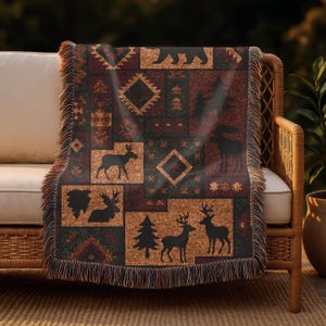 Cabin Lodge Woven Blanket – Rustic Throw with Bear, Moose and Pine Tree Design