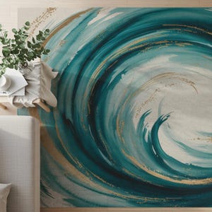 Teal and Gold Swirl Area Rug, Modern Coastal Wave Design