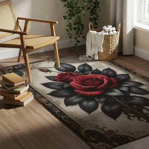 Red Rose Floral Rug, Romantic Black Border Carpet, Gothic Area Rug for Bedroom or Living Room, Elegant Flower Floor Mat