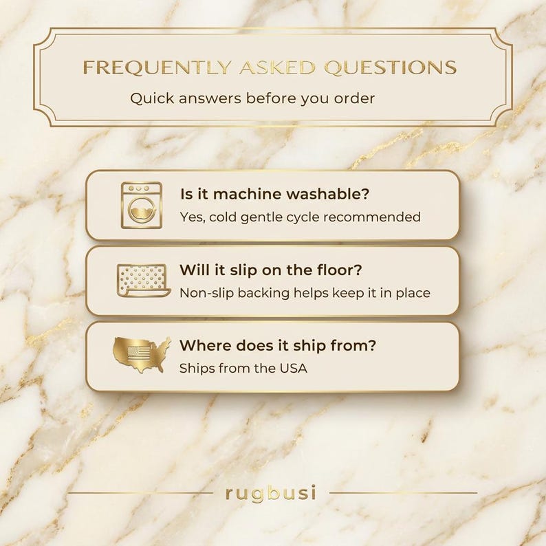 May include: A graphic with the text "FREQUENTLY ASKED QUESTIONS" and answers about a product. The questions include if it's machine washable, if it will slip, and where it ships from. The background is a marble pattern.