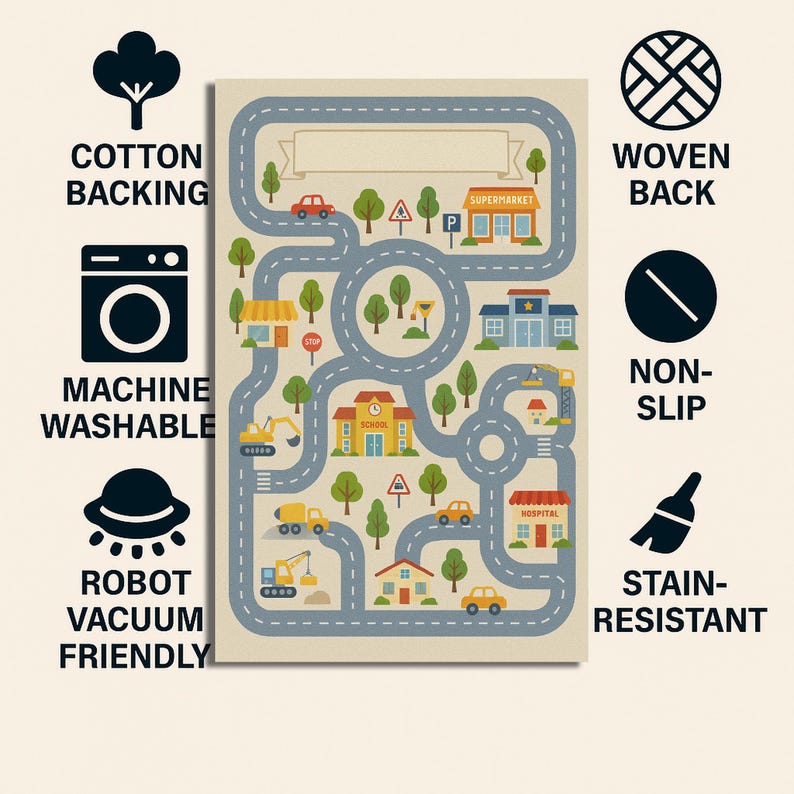 Puede incluir: Alfombra de juego beige para ni&ntilde;os con dise&ntilde;o de mapa de carreteras. La alfombra presenta ilustraciones de edificios, &aacute;rboles y veh&iacute;culos. El texto en la alfombra indica que es lavable a m&aacute;quina, apta para aspiradoras robot y resistente a las manchas. Tiene respaldo de algod&oacute;n y es antideslizante.