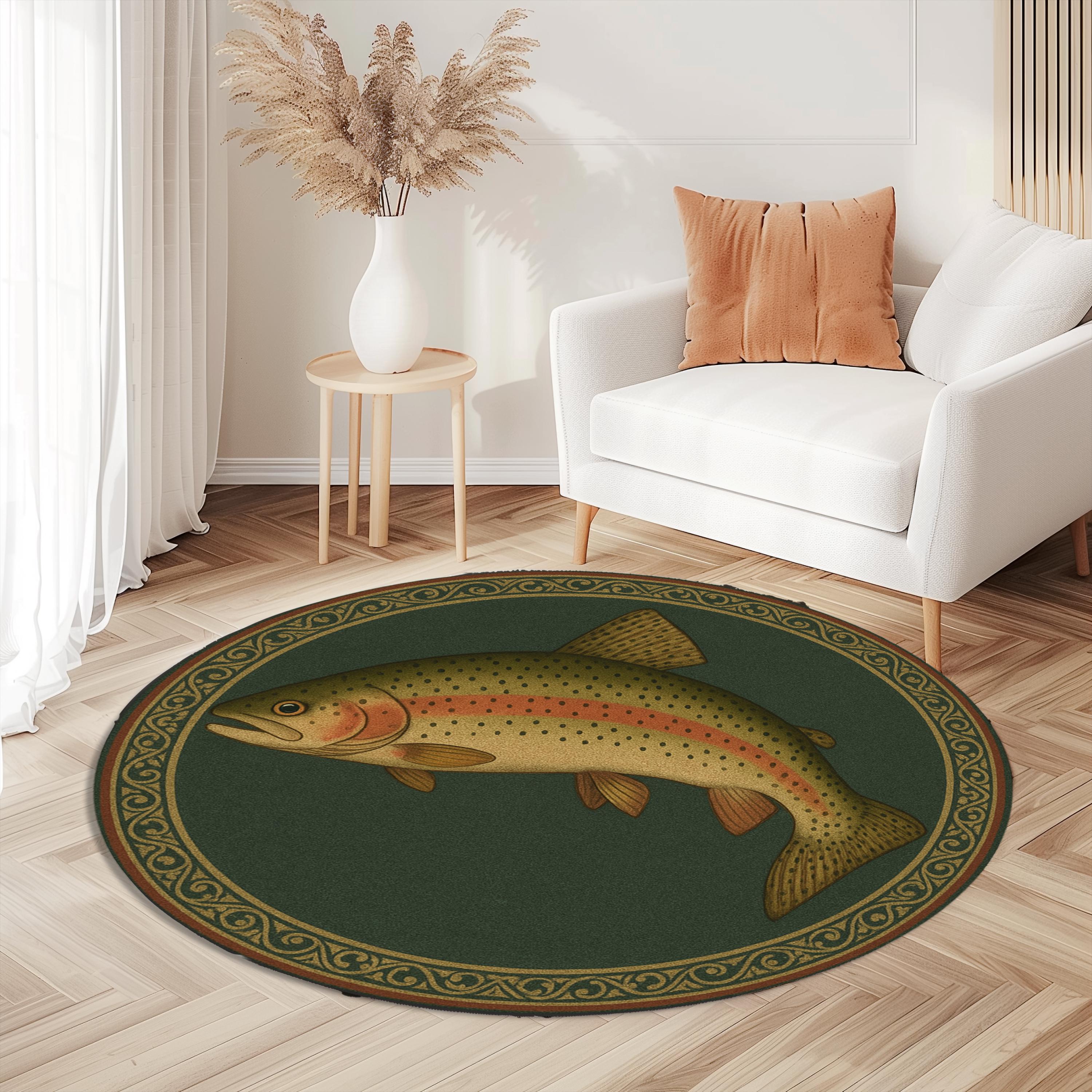 Fish Round Rug , Green Trout Area Carpet for Cabin, Lakehouse or Lodge Decor, Cozy Wildlife Theme