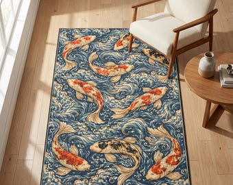 Koi Fish Area Rug | Japanese Wave Pattern, Ocean Decor