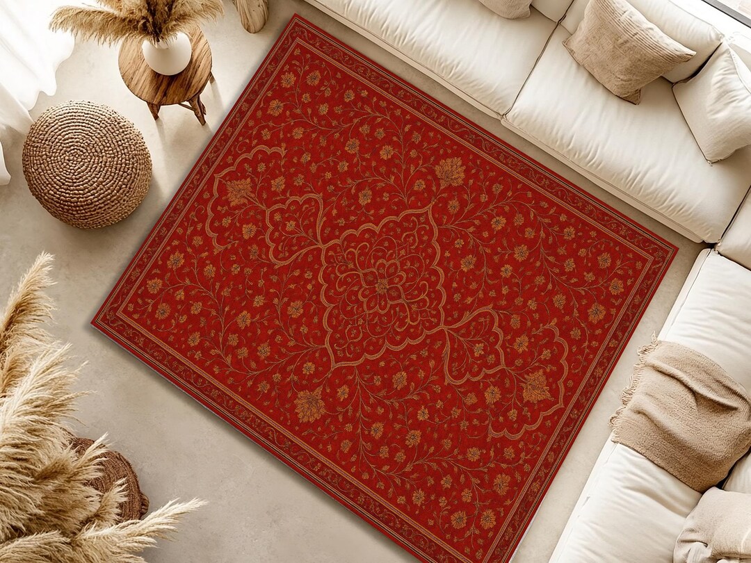 Red Gold Rug Red Persian Style Rug: Gold Floral Medallion, Botanical Area Rug - Etsy