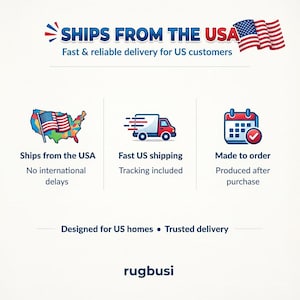 May include: Graphic with text "SHIPS FROM THE USA" and American flags. Icons show shipping from the USA, fast US shipping with tracking, and made-to-order production. Text reads "Designed for US homes &bull; Trusted delivery."