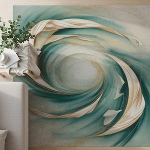 Teal and Gold Swirl Rug, Modern Abstract Art Carpet