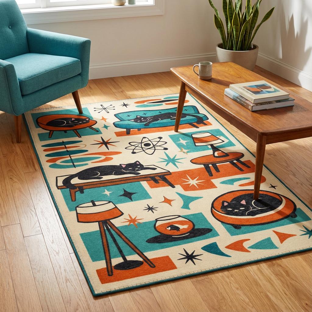 Atomic Fallout Rug Mid Century Modern Black Cat Area Rug | Retro Atomic MCM Carpet - Etsy