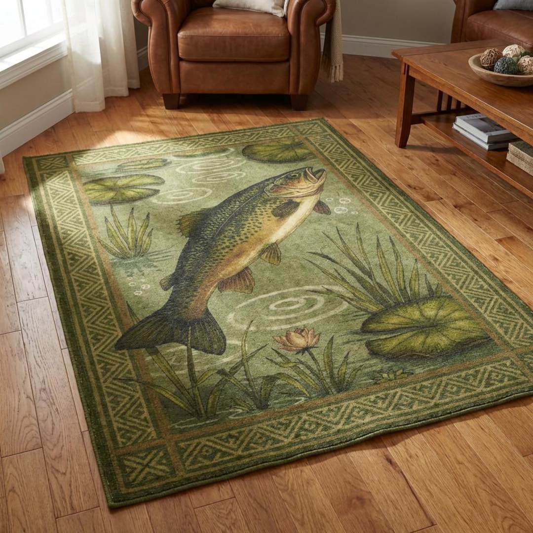 Fish Identification Rug Rustic Lake Fish Area Rug | Fishing Cabin Carpet, Green Nature Floor ...