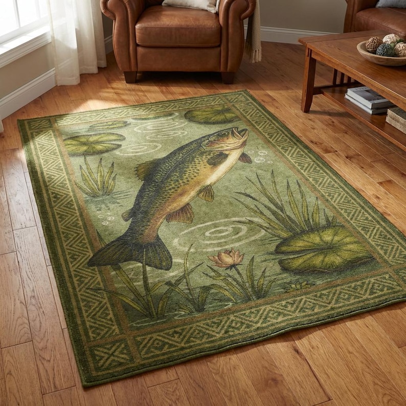 Fish Rug Bass Rustic Lake Fish Area Rug | Fishing Cabin Carpet, Green Nature Floor ...