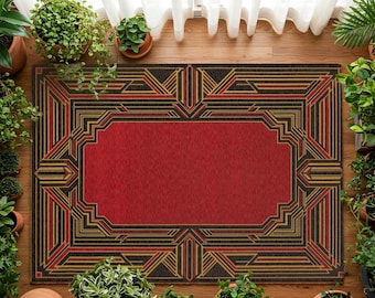 Art Deco Red & Gold Rug - Geometric 1920s Style Area Rug