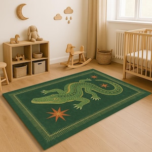 Alligator Area Rug – Washable Jungle Carpet for Kids Room or Nursery, Fun Reptile Floor Mat, Green Animal Theme Rug