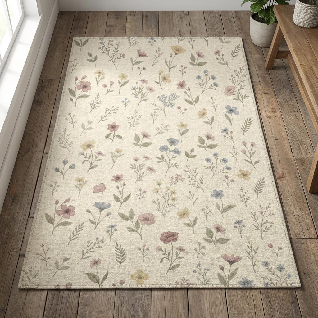 Cottagecore Floral Area Rug | Ivory Cream Vintage Botanical Floor ...