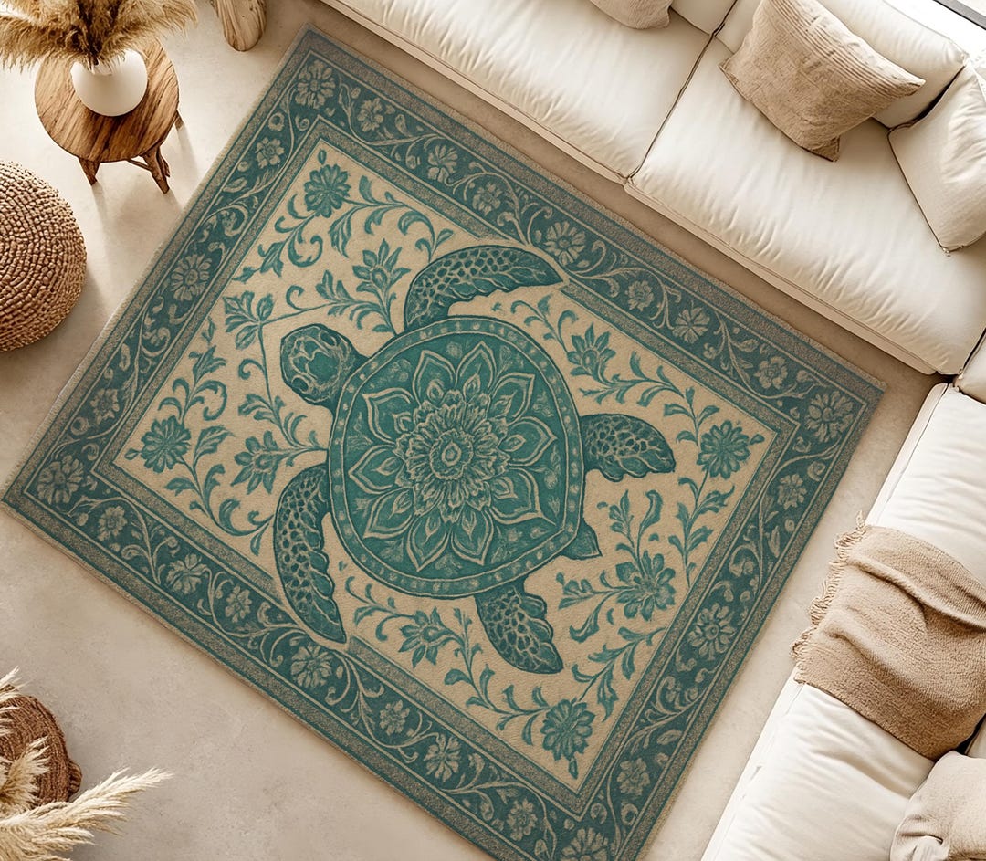 Sea Turtle Rug Pattern Teal Sea Turtle Area Rug | Coastal Boho Mandala Carpet - Etsy