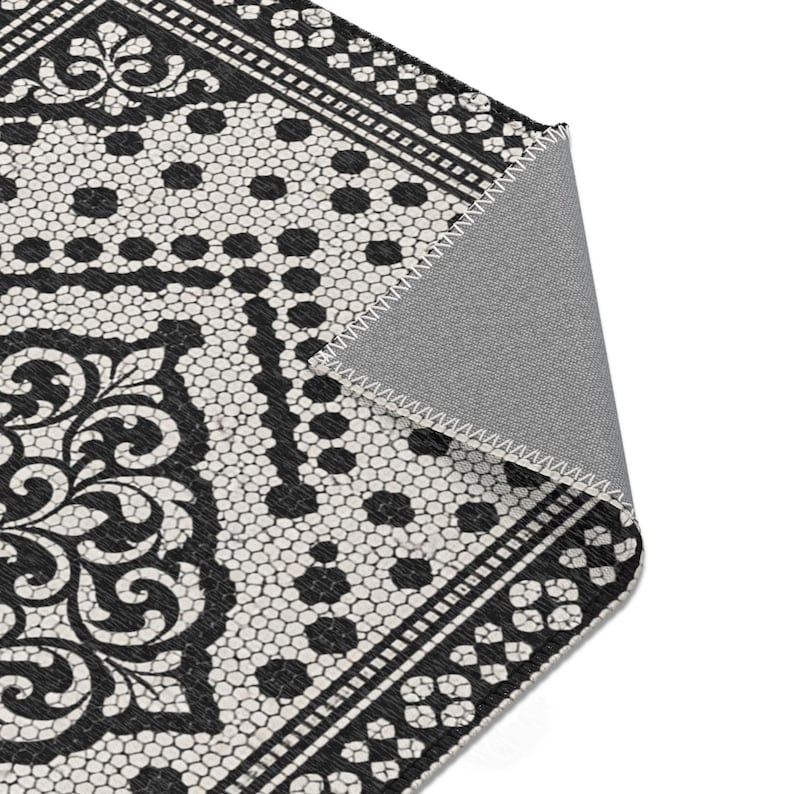 Victorian Tile Rug Victorian Tile Area Rugs | Black White Mosaic Medallion Carpet - Etsy